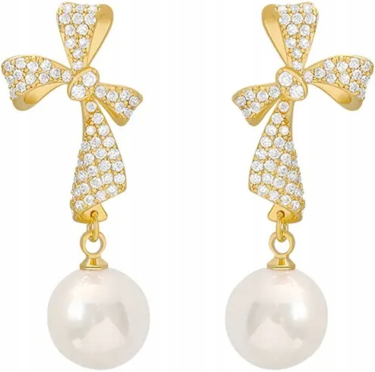 Złote Kolczyki Kokarda Perły Cyrkonie Świąteczne Eleganckie Sztyft