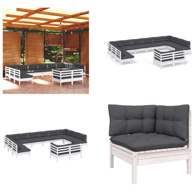 vidaXL 12-częściowy zestaw wypoczynkowy do ogrodu z poduszkami białe lite drewno sosnowe - Zestaw wypoczynkowy do ogrodu - Zestawy wypoczynkowe do ogrodu - Zestaw mebli ogrodowych - Zestawy mebli ogrodowych