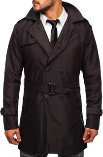 Płaszcze męskie - Ciemnobrązowy dwurzędowy płaszcz męski prochowiec z wysokim kołnierzem i paskiem Denley 0001 - grafika 1
