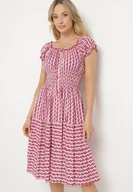 Sukienki - Różowa Sukienka z Bawełny Ozdobiona Guzikami i Bufiastymi Rękawami Ronaria - miniaturka - grafika 1