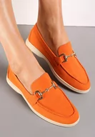 Mokasyny damskie - Pomarańczowe Mokasyny na Płaskiej Podeszwie z Przeszyciami i Ozdobną Klamerką Alenor - miniaturka - grafika 1