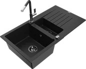 Zlewozmywaki z baterią - Mexen Matias zlewozmywak granitowy 1,5-komorowy z ociekaczem i baterią kuchenną Flora, czarny  - 6502-77-670401-07-B - miniaturka - grafika 1