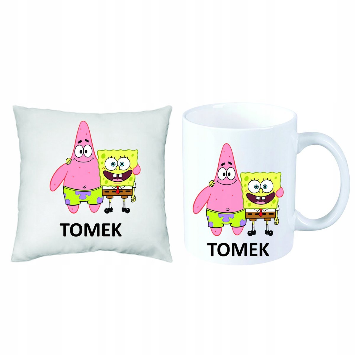 SPONGEBOB ZESTAW PREZENT PODUSZKA + KUBEK + IMIĘ