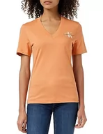 Koszulki i topy damskie - Calvin Klein Jeansy Monologo Slim V-Neck Tee Dzianinowe Topy S/S Damskie, Tropikalny Pomarańczowy, S - miniaturka - grafika 1