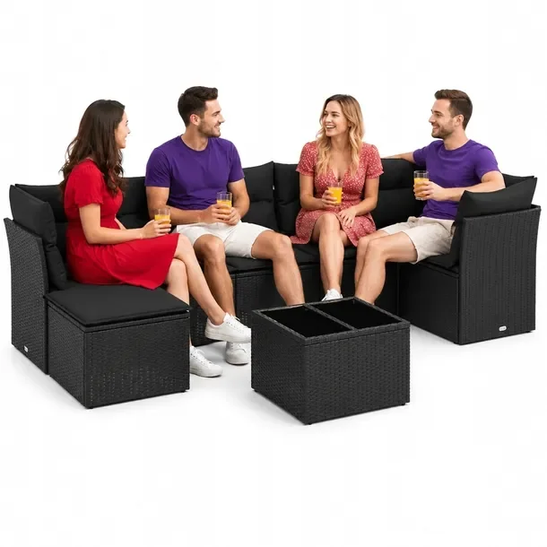 Zestaw mebli ogrodowych modułowych czarny rattan PE z poduszkami 55x62x69