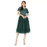 Sukienki - Maya Deluxe Women's Midi Sukienka damska Sequin Embellished Short Sleeve Ruffle for Wedding Guest Bridesmaid Occasion Evening Ball Gown, Emerald Green, 48, szmaragdowy (Emerald Green), 48 - miniaturka - grafika 1