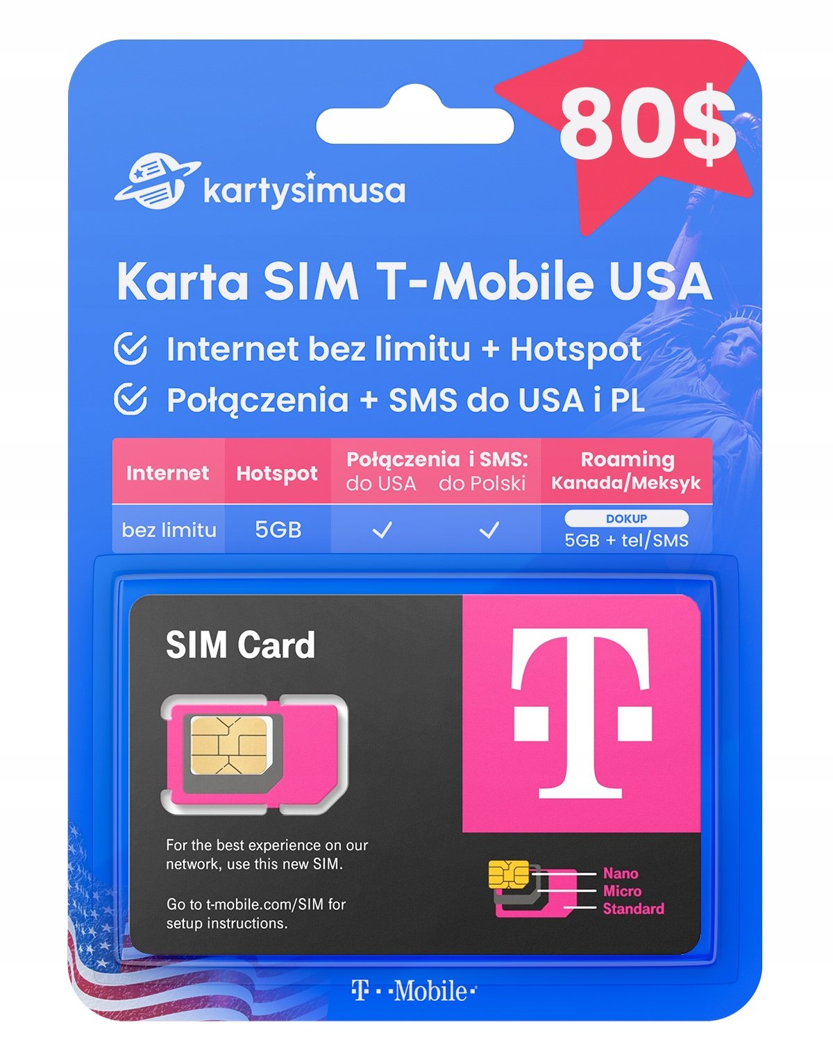 Karta Sim T-Mobile Usa 80$ internet bez lim.+HS+PL