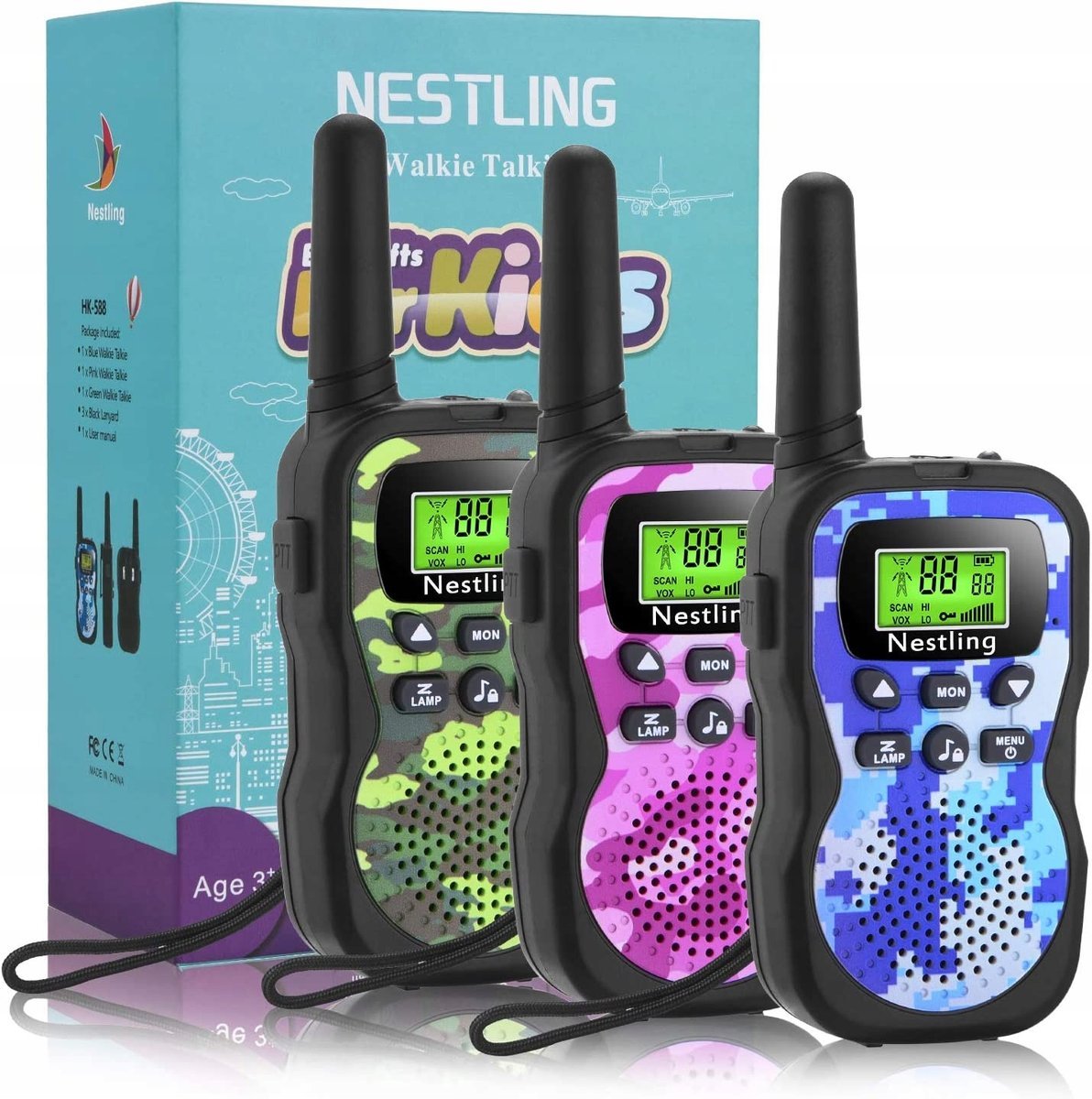 Nestling Walkie Talkie 3-pak Kamuflaż, 3 km, LCD, Latarka