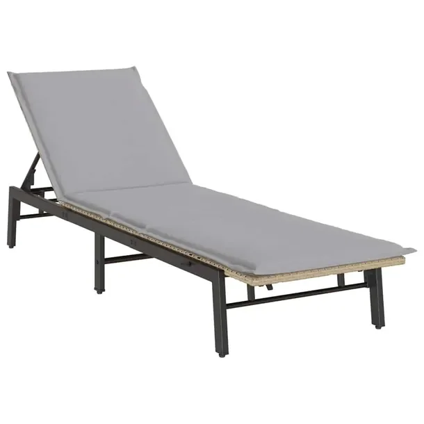 Leżak ogrodowy beżowy z poduszką, rattan PE, 200 x 59 x 25/49/59/67 cm