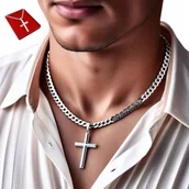 Naszyjniki męskie - Srebrny Krzyżyk Z Łańcuszkiem Męski Pancerka Pełny Diamentowany Krzyż - inna (Inny) - miniaturka - grafika 1