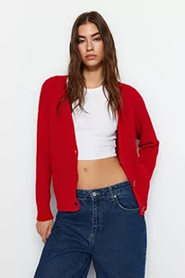 Trendyol FeMan Oversize Basic kardigan z dzianiny z dekoltem w serek, czerwony, S, Czerwony, S - Swetry damskie - miniaturka - grafika 1