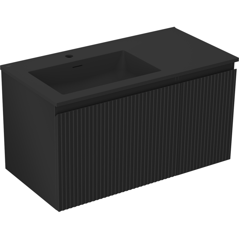 Mexen Rivel szafka łazienkowa 90 cm z umywalką Otis lewą, 1S, 1D, ryflowana, czarna mat - 91A23-09047-3-BBFF71-W18L71
