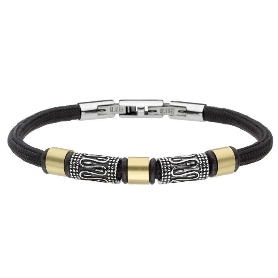 Męska bransoletka złoto srebrna z ornamentami ze stali na sznurku.