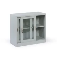 Szafki biurowe - Metalowa szafka z półkami i szklanymi przesuwanymi drzwiami, zdemontowana, 900 x 800 x 400 mm - miniaturka - grafika 1