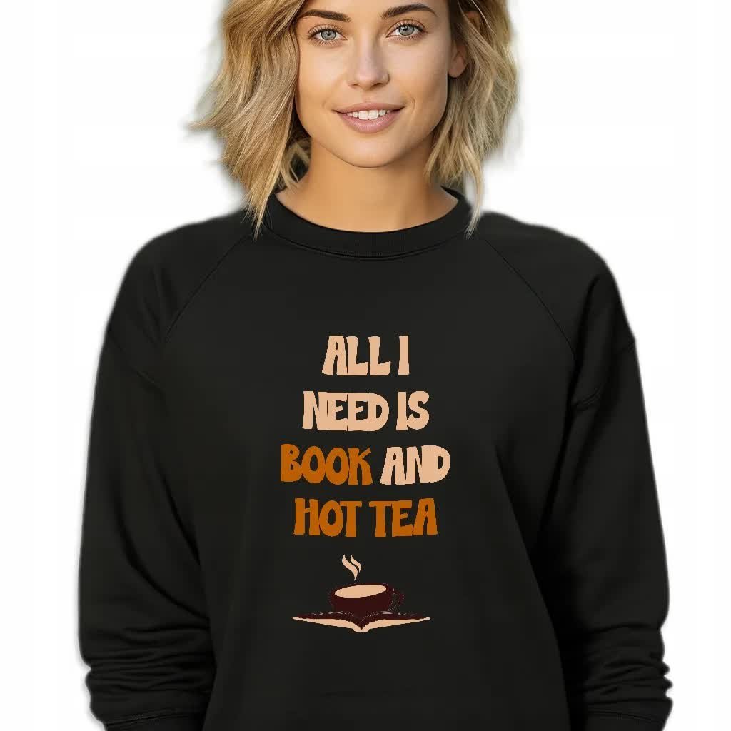 Damska Bluza Czarna Dresowa BOOK AND HOT TEA Dla Jesieniary Wzory Rozmiar M