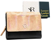 Portfele - Portfel damski skórzany Rovicky pojemny na zatrzask portmonetka na karty i dokumenty, czarny złoty - miniaturka - grafika 1