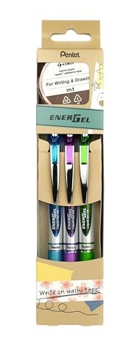 Pentel EnerGelXM BL77 Długopis żelowy z mechanizmem naciskowym + taśma MT Washi, kolory pisania: jasnozielony/jasnoniebieski/fioletowy