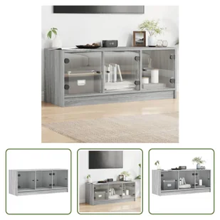 The Living Store Szafka pod telewizor z przeszklonymi drzwiami szara Sonoma 102x37x42 cm - Szafki RTV - miniaturka - grafika 1