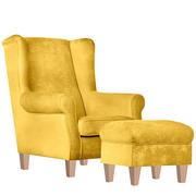 Fotele - Zestaw fotel uszak z podnóżkiem Miles, żółty, drewniane nóżki - miniaturka - grafika 1