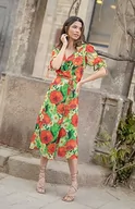 Sukienki - Hope & Ivy Sukienka midi z wiązaniem w talii i na rękawach, czerwona i zielona, UK16, Czerwony i zielony, 42 - miniaturka - grafika 1