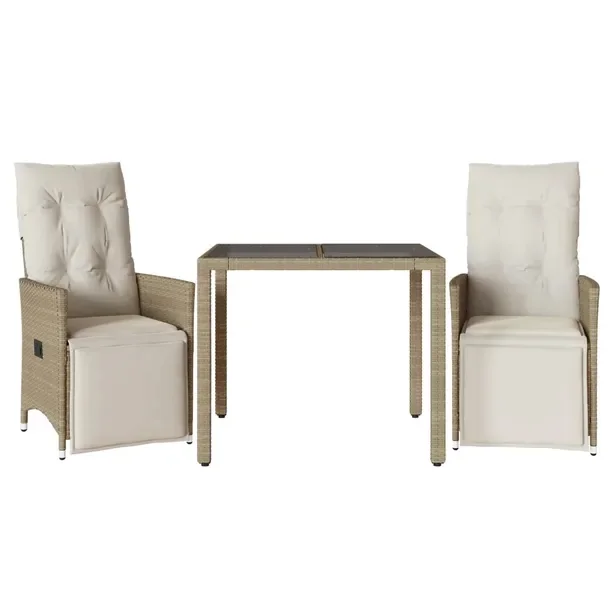 Beżowy zestaw bistro z rattanem PE, stół 90x90x75 cm, fotele 56x59x92 cm