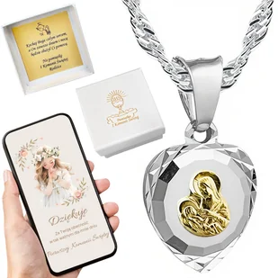 SREBRNY ŁAŃCUSZEK I MEDALIK KOMUNIJNY SERCE MATKA BOSKA 40CM - Biżuteria dla dzieci - miniaturka - grafika 1