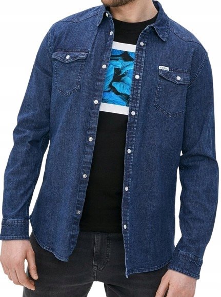 GUESS KOSZULA CASUAL JEANSOWA Z DŁUGIM RĘKAWEM I PAGONAMI L GXA