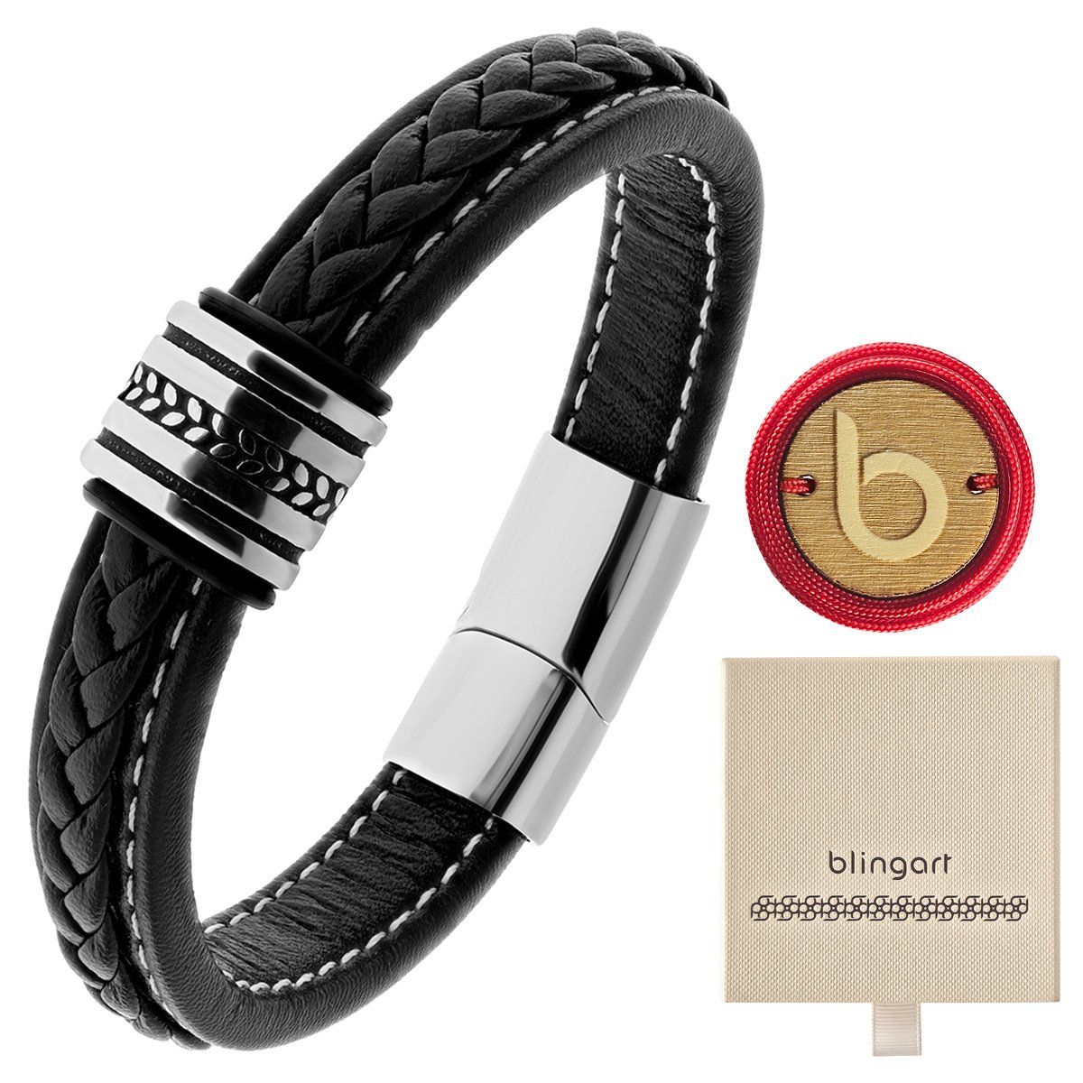 Bransoletka męska SKÓRZANA pleciona ornament STAL