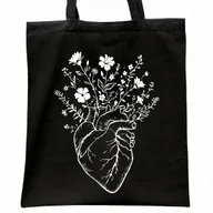 Torby i wózki na zakupy - Torba bawełniana czarna na zakupy Serce Kwiaty Minimalizm - miniaturka - grafika 1