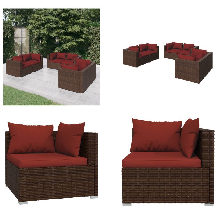 vidaXL 6-częściowy zestaw wypoczynkowy do ogrodu z poduszkami z rattanu w kolorze brązowym - zestaw wypoczynkowy do ogrodu - zestawy wypoczynkowe do ogrodu - zestaw wypoczynkowy na patio - zestaw sof ogrodowych