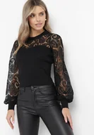 Bluzki damskie - Czarna Bluzka z Eleganckimi Koronkowymi Rękawami Lowenia - miniaturka - grafika 1
