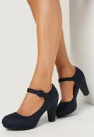 Czółenka - Granatowe Czółenka na Stożkowym Obcasie z Paskiem wokół Kostki Shuria - miniaturka - grafika 1