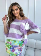 Swetry damskie - KRÓTKI SWETER WENDY W PASKI Z KOKARDĄ POLSKI PRODUCENT J&K PREMIUM -  LILIOWY - miniaturka - grafika 1