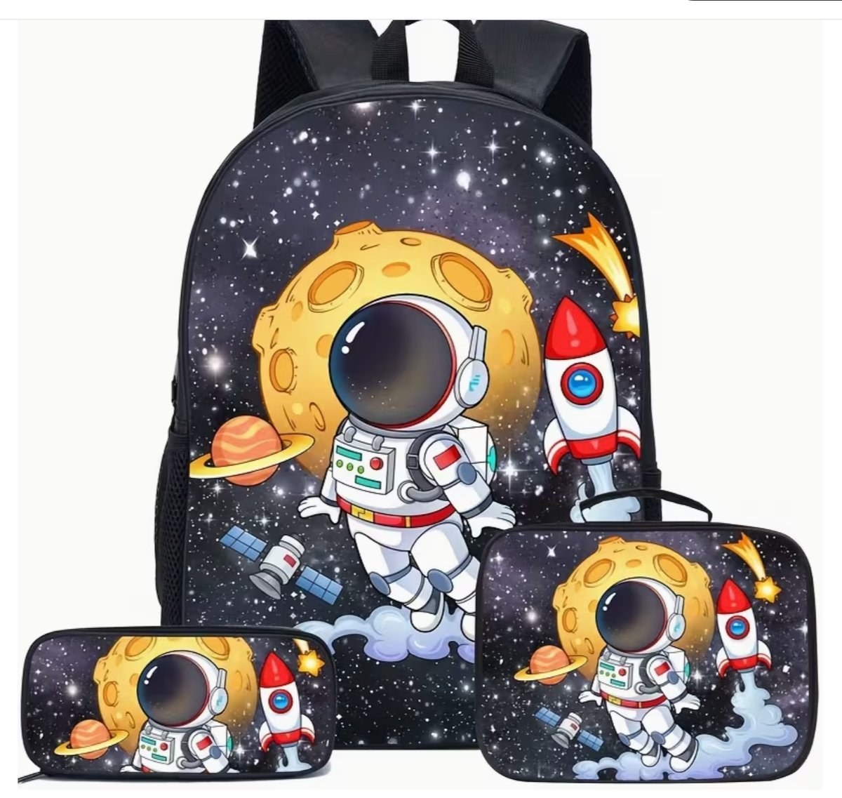 Zestaw szkolny Plecak, Lunch Box i Piórnik. Zestaw wielokolorowy z motywem astronauty w kosmosie