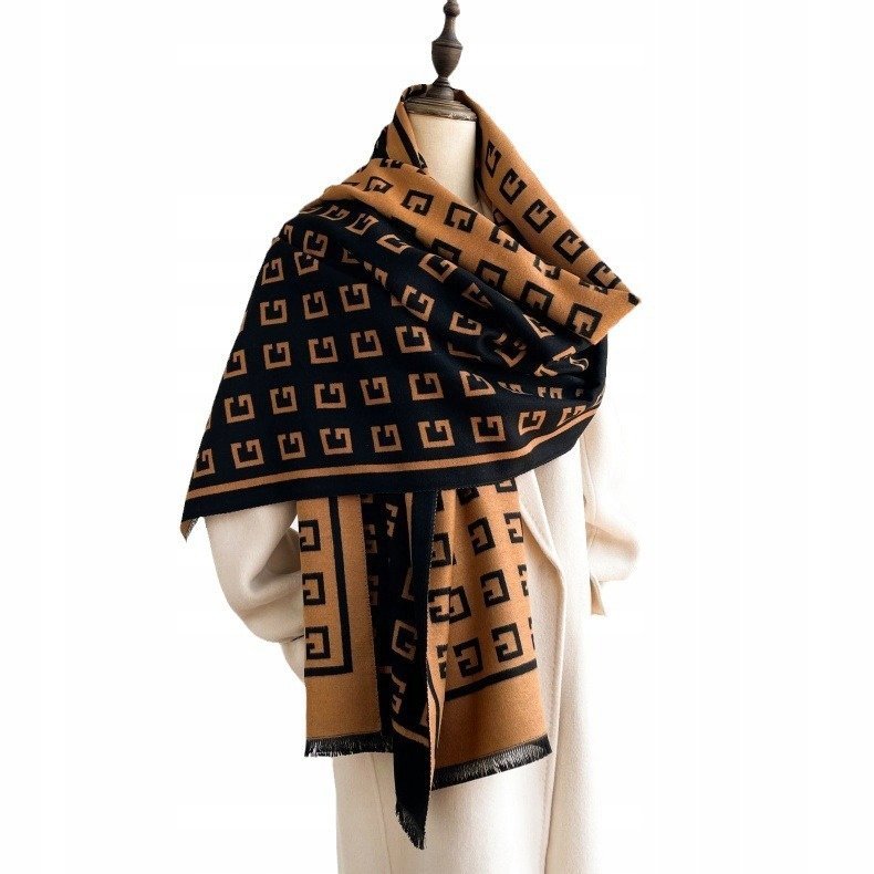 elegancki damski SZAL na zimę ciepły SZALIK szykowny 180x66 beżowo-czarny