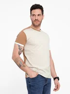 Koszulki męskie - Męski t-shirt z elastanem z kolorowymi rękawami brązowy V1 OM-TSCT-0176 S - miniaturka - grafika 1