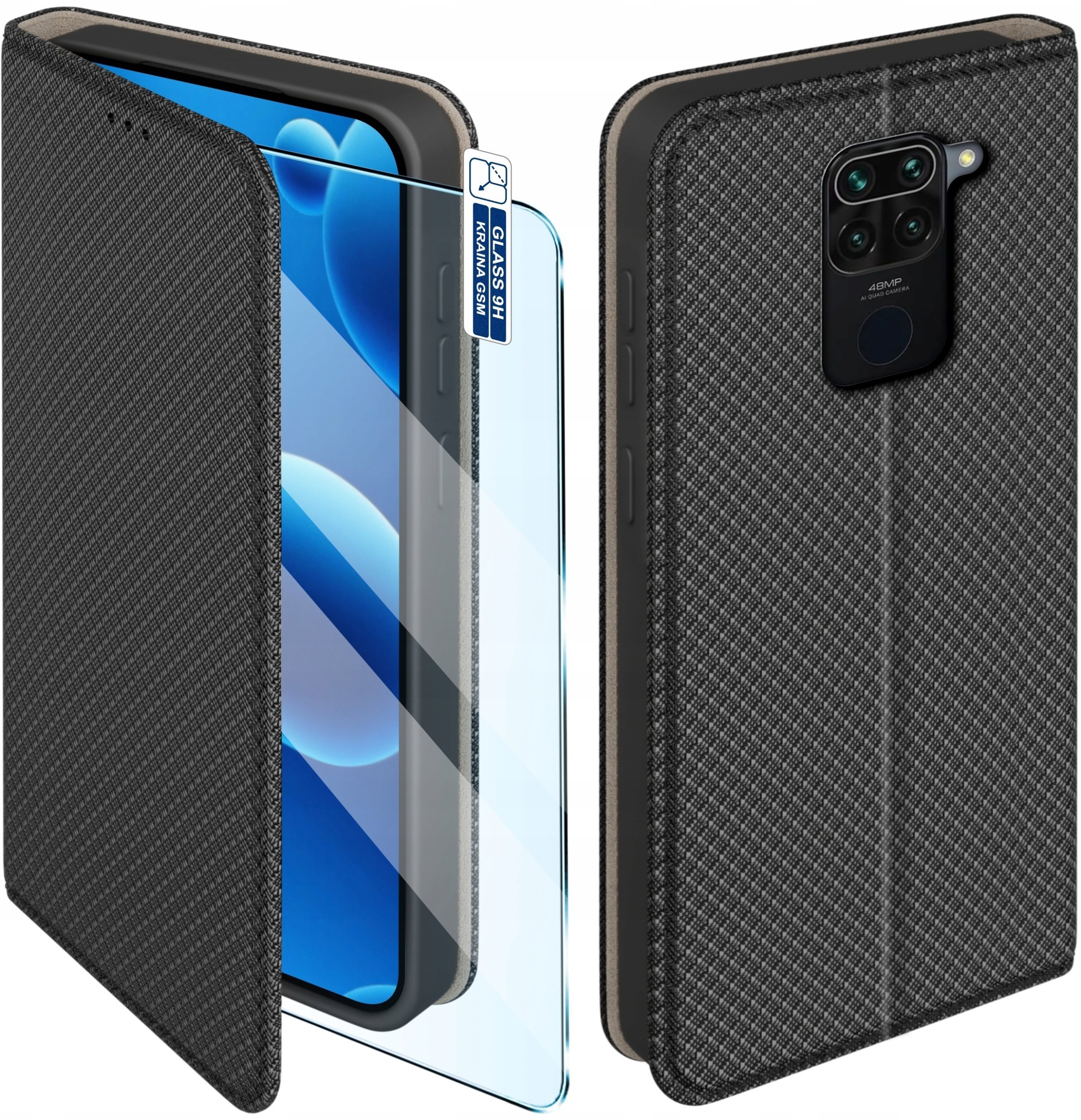 krainaGSM Etui Z Klapką Do Xiaomi Redmi Note 9 Zamykane Czarne Futerał + Szkło 9H