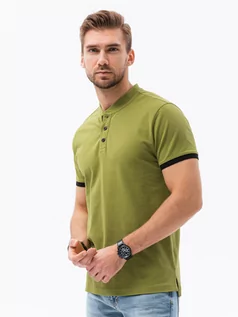 Koszulki męskie - T-shirt męski polo bez kołnierzyka - oliwkowy V6 S1381 - grafika 1
