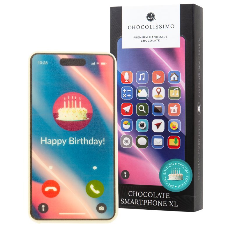 Smartphone z białej belgijskiej czekolady na urodziny z życzeniami happy birthday 70 g Prezent urodzinowy