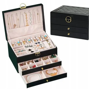 Szkatułka Na Biżuterię Elegancka Pikowana Z Szufladami Organizer Czarna F44 - Pudełka i szkatułki - miniaturka - grafika 1