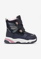 Śniegowce damskie - Granatowe Śniegowce za Kostkę na Rzepy z Kwiatkami i Cyrkoniami Minia - miniaturka - grafika 1