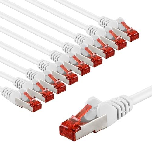 goobay 65988 CAT6 kabel sieciowy w zestawie po 10 szt./kabel krosowy ekranowany S/FTP/CU Ethernet, PiMF, LSZH/Cat 6 kabel z 10 Gbits/biały / 10 x 3 m