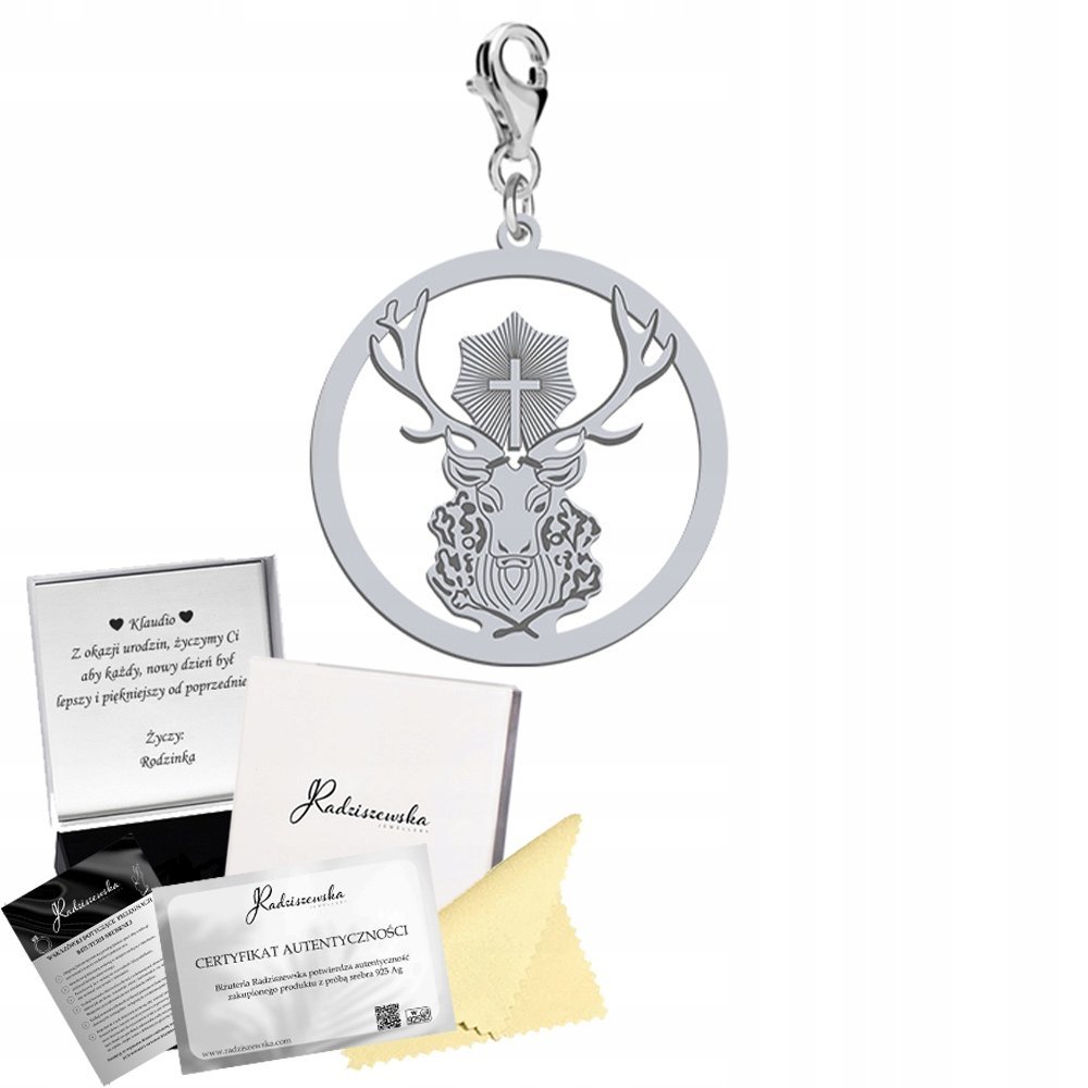 Charms Srebrny Jeleń Św. Huberta 925 Prezent Kobieta Biżuteria DEDYKACJA