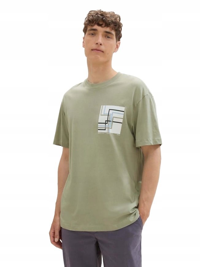TOM TAILOR T-SHIRT MĘSKI GŁADKI W KOLORZE ZIELONYM Z NADRUKIEM S 6BA