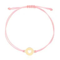 Bransoletki - Bransoletka różowy sznurek serce w złotym kółku złoto pr. 585 - miniaturka - grafika 1