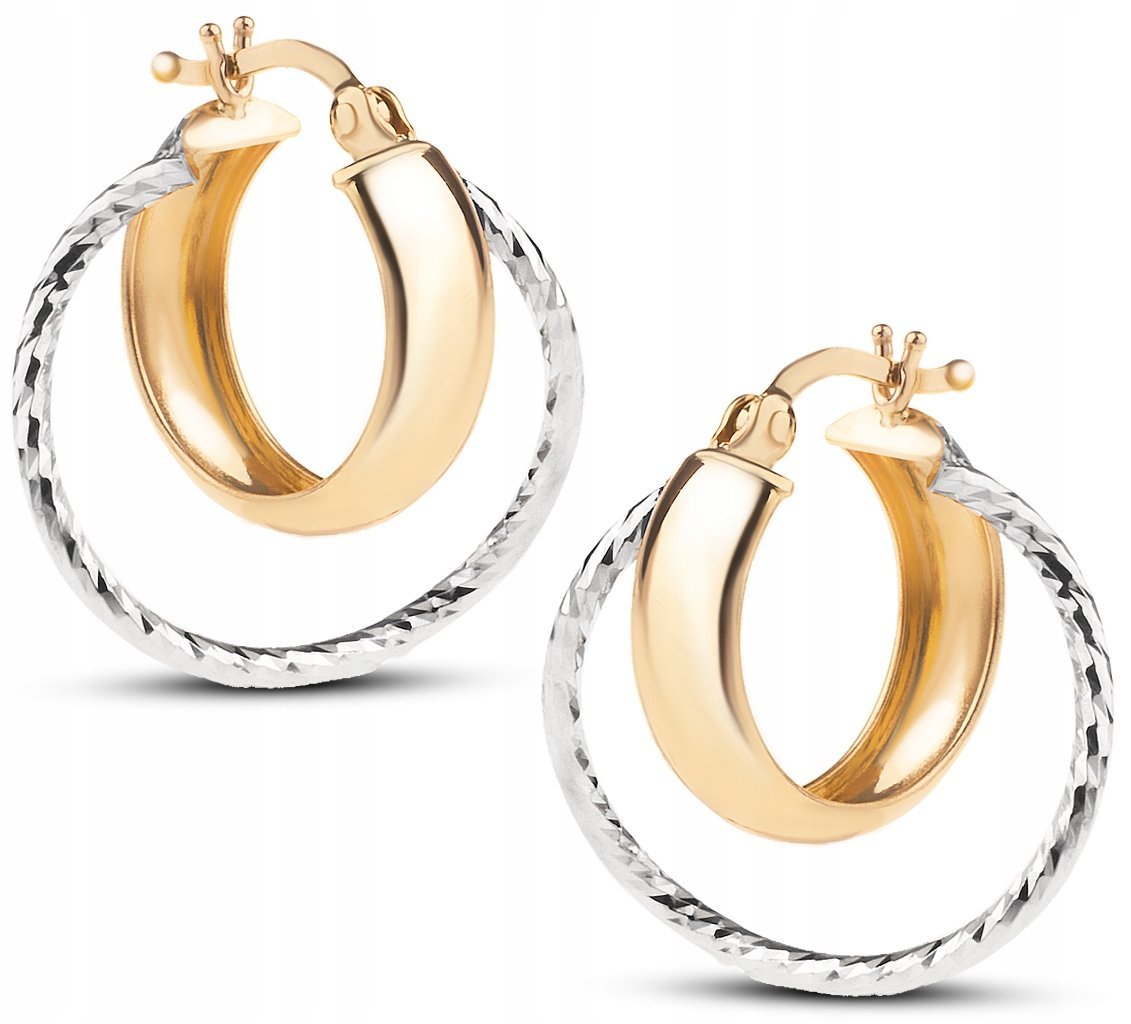 ZŁOTE KOLCZYKI DWUKOLOROWE DIAMENTOWANE KÓŁKA 585