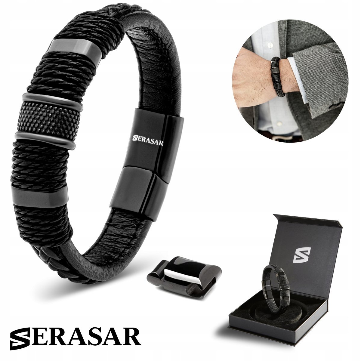 SERASAR męska skórzana bransoletka „Ring”, czarna, 20 cm - ze stalowym zapięciem magnetycznym - w zestawie pudełko prezentowe - modna opaska na nadg..