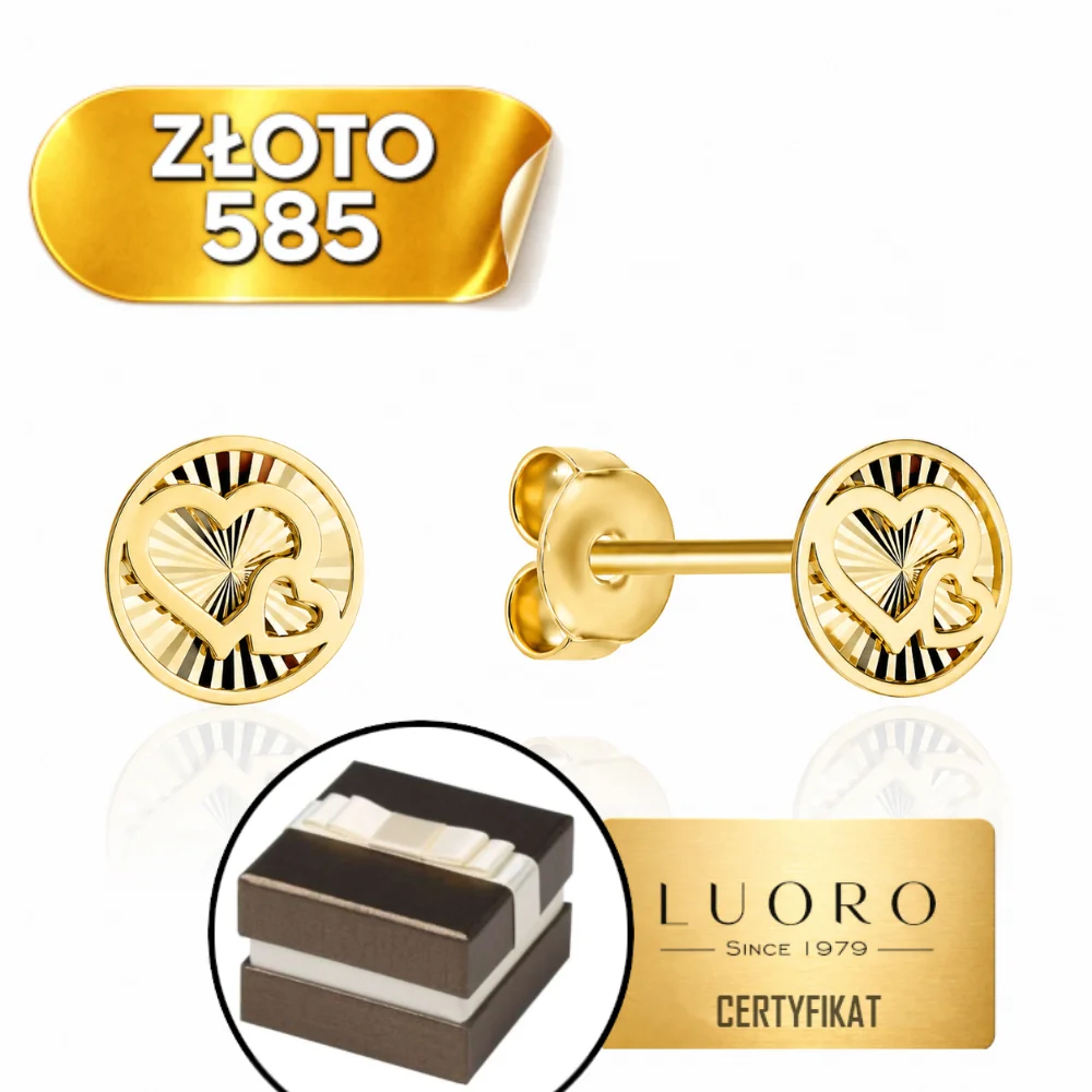KOLCZYKI ZŁOTE 585 14K SPLĄTANE SERCA DIAMENTOWANY KRĄG 7 MM ELEGANCKIE