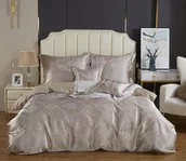 Pościel - Pościel atłasowa haftowana 160x200 ekskluzywna beżowa ornamentowy wzór AT015 - miniaturka - grafika 1