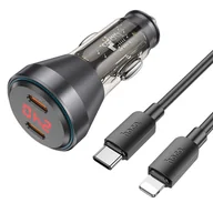 Akcesoria do smartwatchy - HOCO ładowarka samochodowa 2 x Typ C QC 30W z wyświetlaczem + kabel Typ C do Lightning PD60W NZ12C transparentna czarna - miniaturka - grafika 1